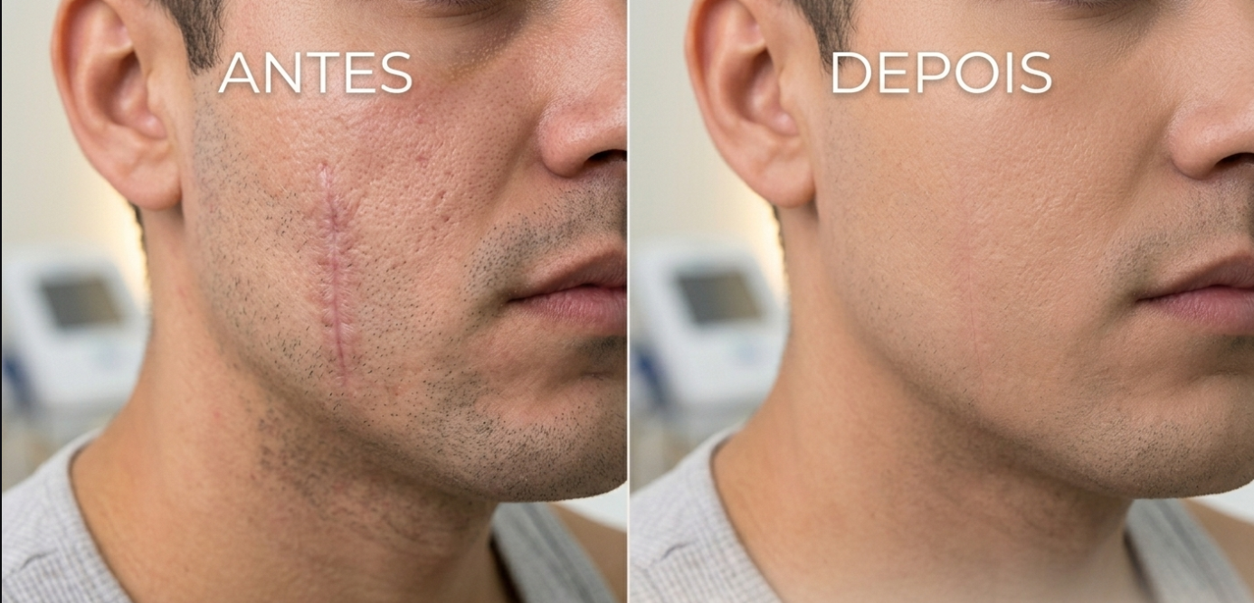 Antes e depois de camuflagem de cicatriz por micropigmentação, feita por Juliana Seda
