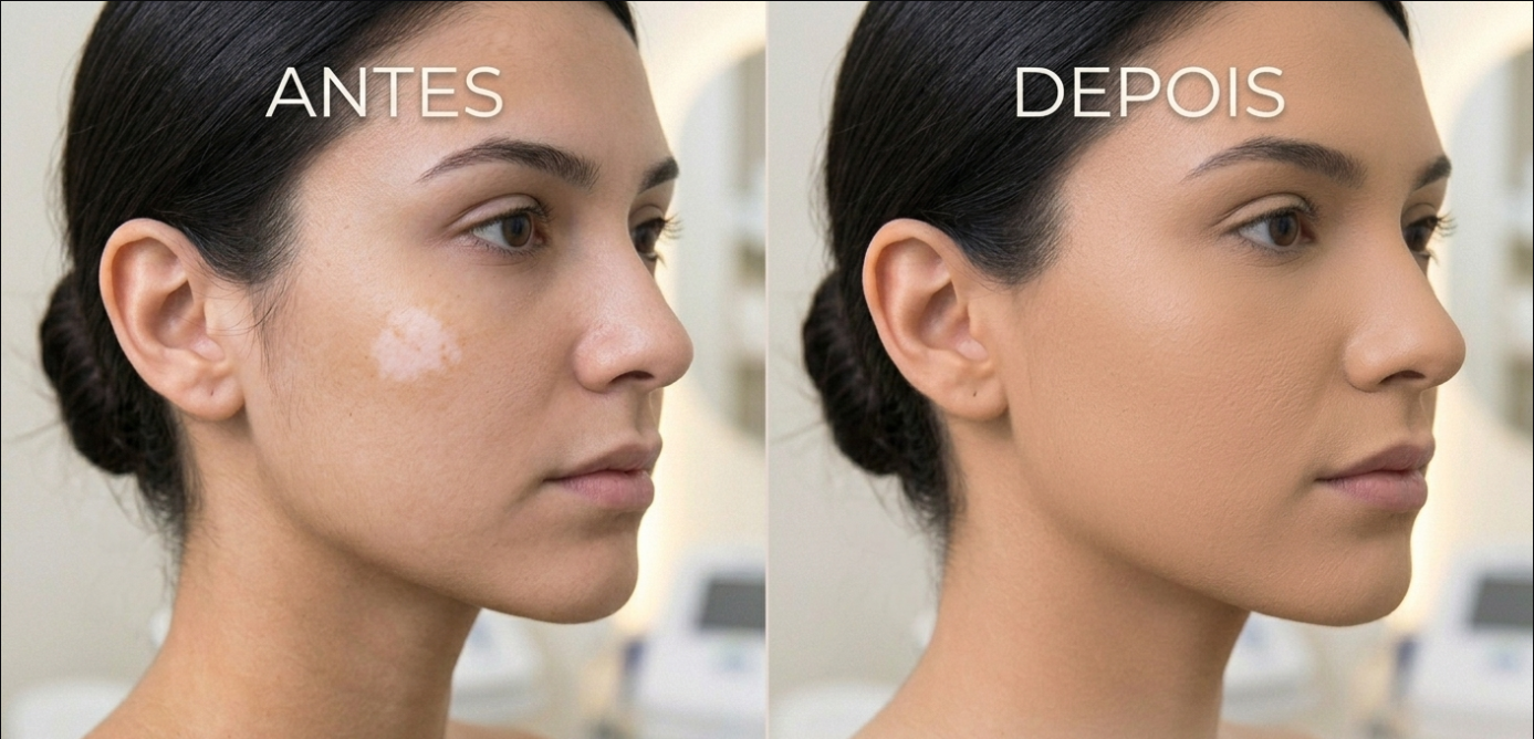 Antes e depois de camuflagem de vitiligo por micropigmentação, feita por Juliana Seda