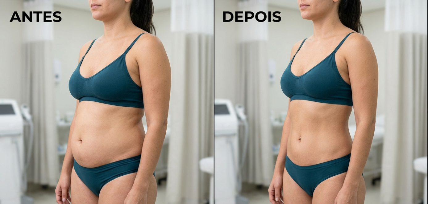 Antes e depois de criolipólise feita por Juliana Seda
