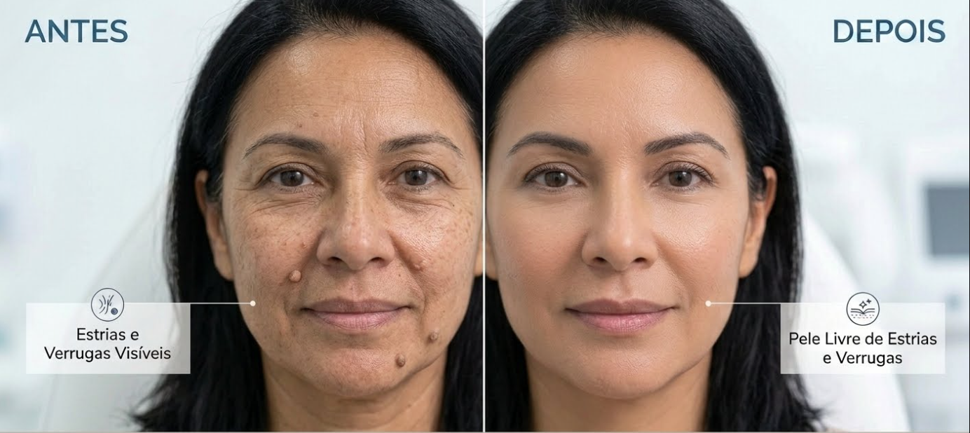 Antes e depois de tratamento de estrias e verrugas com jato de plasma feito por Juliana Seda