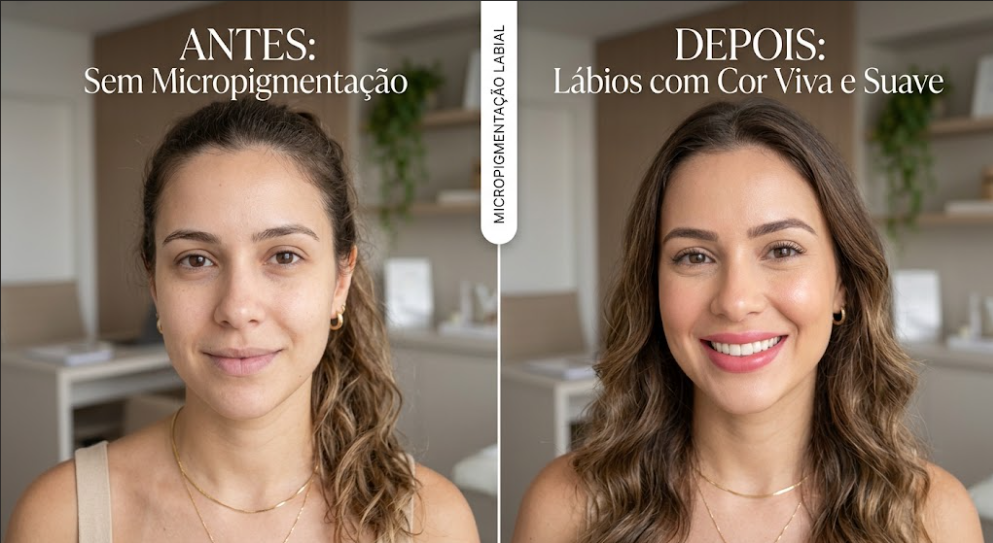 Antes e depois de micropigmentação labial feita por Juliana Seda