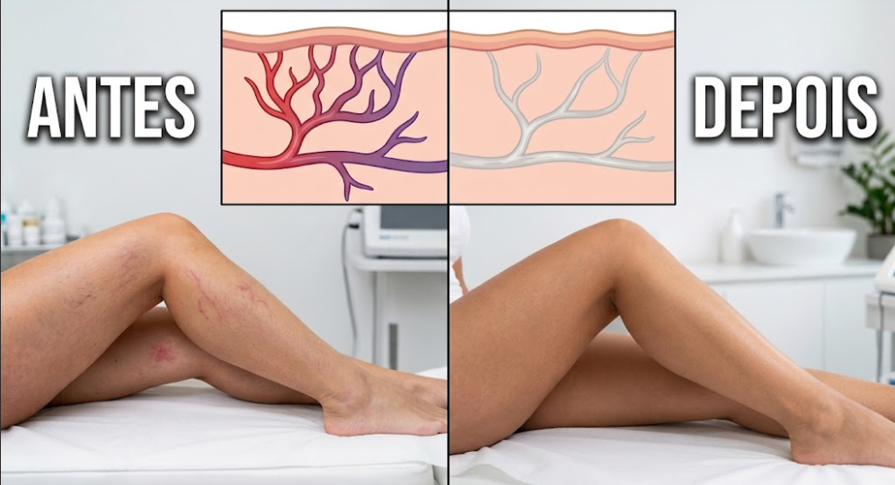Antes e depois de tratamento de microvasos e pequenas veias feito por Juliana Seda
